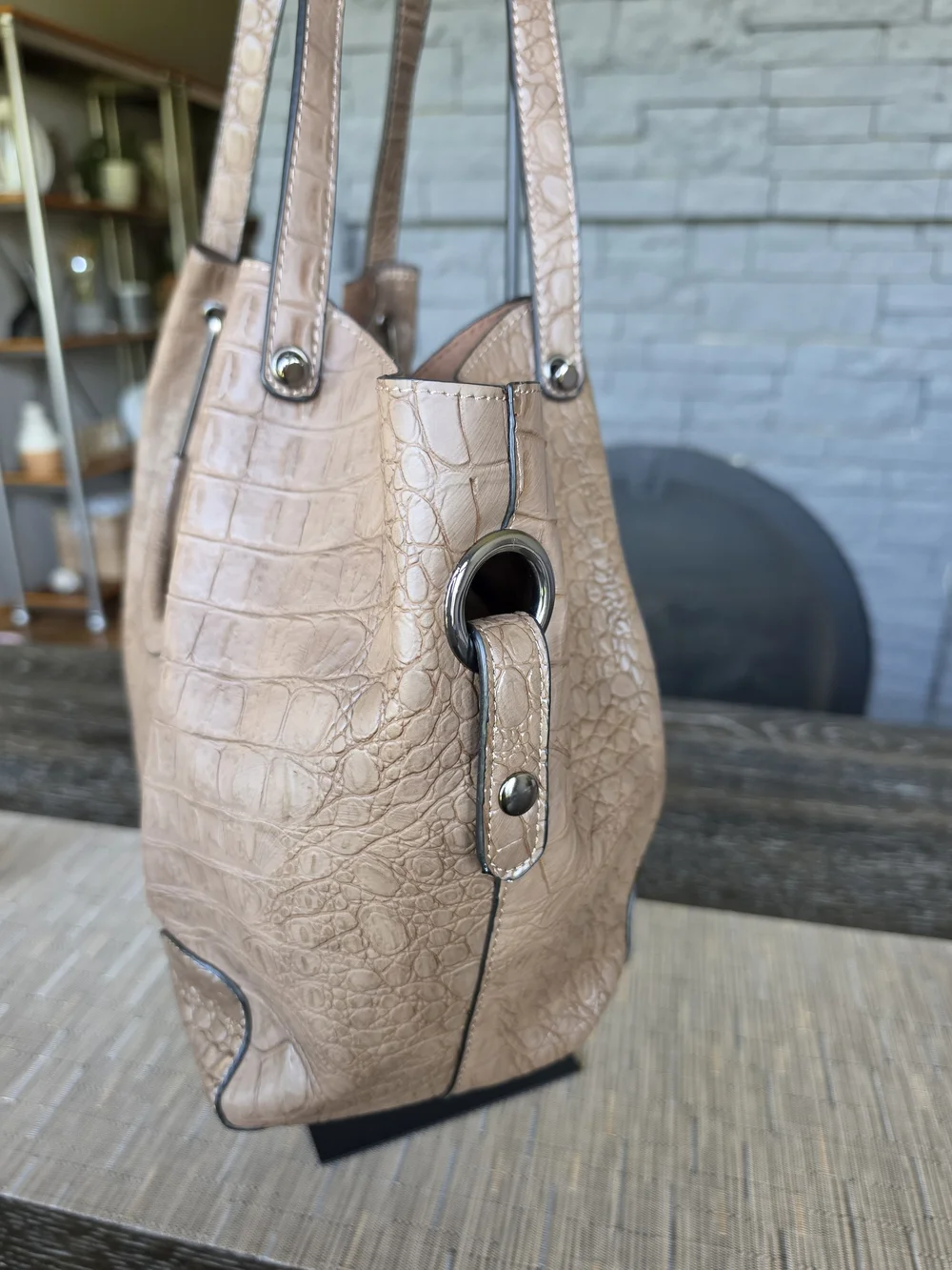 Sondra Roberts Squared Light Mocha Croc-Embossed Leather Tote Bag